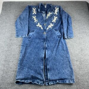 Passion Coat Womens Large Blue Denim Floral Embroidered Long Duster Boho Western